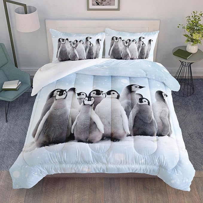 Bedding Comforter Set Penguin Snow Printed Pattern Quilt Bedding Set with 1 Comforter and 2 Pillowcases for Girls and Boys Bedroom All Season(Penguin Twin)