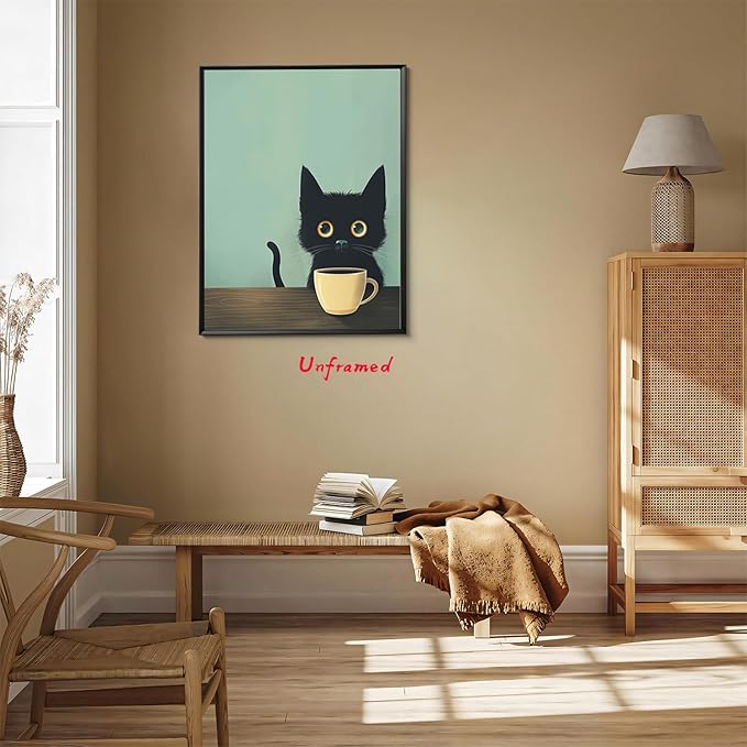 Yaneiro Fun Black Cat Wall Art Abstract Drinking Coffee Picture Cute Retro Black Cat Wall Decor Canvas Poster Print Suitable for Cafe Bar Living Room Restaurant Bedroom 12x16in Unframed