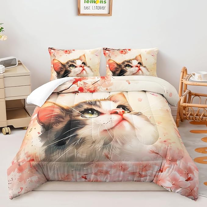AILONEN Kawaii Cat Comforter Set Queen Size,Kids Girls Kitten Cat Bedding Printed Pink Flower Watercolor Lovely Animal Cat Comforter with 2 Pillowcases,3 Pieces