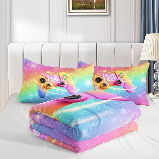 Bedding Comforter Set Rainbow Gamepad Printed Pattern Quilt with 1 and 2 Pillowcases for Girls Bedroom All Season(Rainbow Queen) Queen 90x90inches