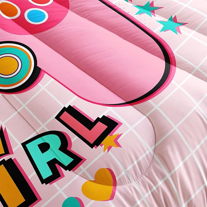 Bedding Comforter Set Pink Gamepad Printed Pattern Quilt with 1 and 2 Pillowcases for Girls Bedroom All Season(Pink Full) Full 80x90inches