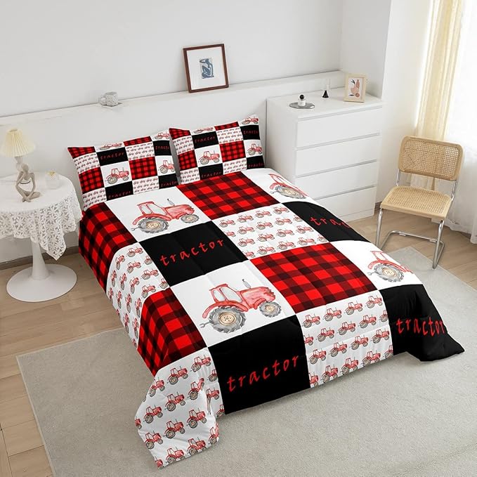 Erosebridal Tractor Bedding Set Red Tractor Comforter for Boys Kids Girls Teens Equipment Truck Comforter Set King Buffalo Plaid Down Comforter Farmhouse Harvester Grid Quilt Set, Black