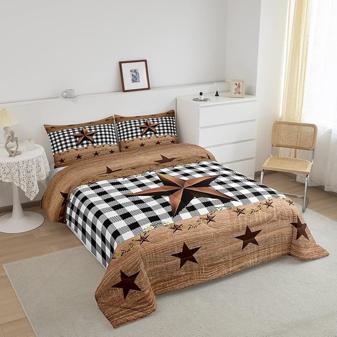 Western Texas Star Comforter Set Twin, Farmhouse Black Plaid Bedding, Brown Vintage Country Star Bedding Comforter Sets, Retro Rustic Checked Grid Bedroom Decor Wooden Grain Quilt For Kids Boys Girls