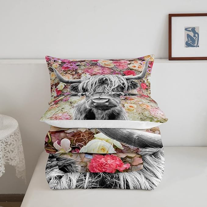 Erosebridal Highland Cow Comforter Set Queen Size Rose Flower Bedding Set for Kids Girls Boys Teens Adult Western Wild Animal Bull Cattle Down Comforter Funny Farmhouse Comforter Pink Grey