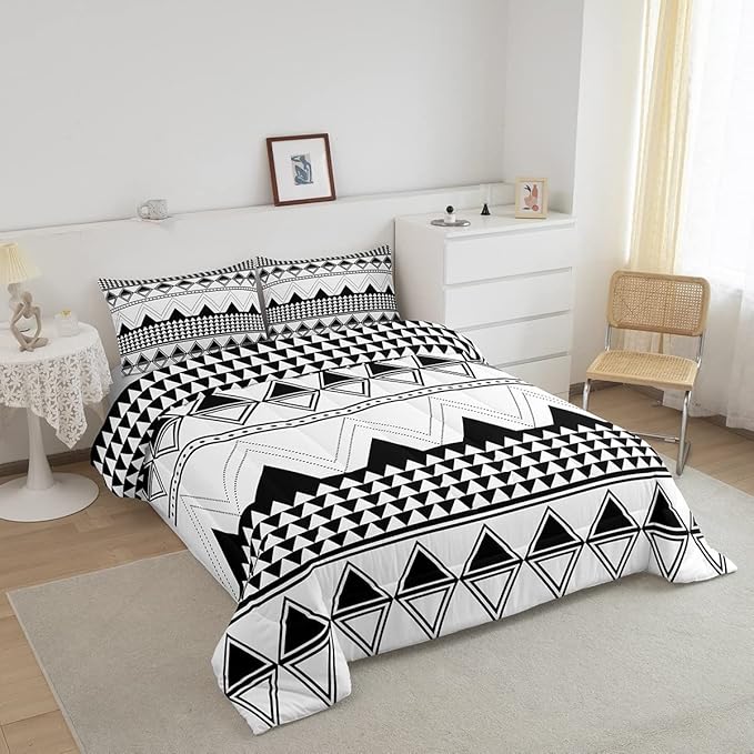 Boho Aztec Comforter Set Queen Size Black And White Bedding Set Morden Geometric Triangle Lattice Down Comforter Minimalism Room Decor Warm Soft 3 Pieces Quilted Duvet For Kids Boys Girls Teens