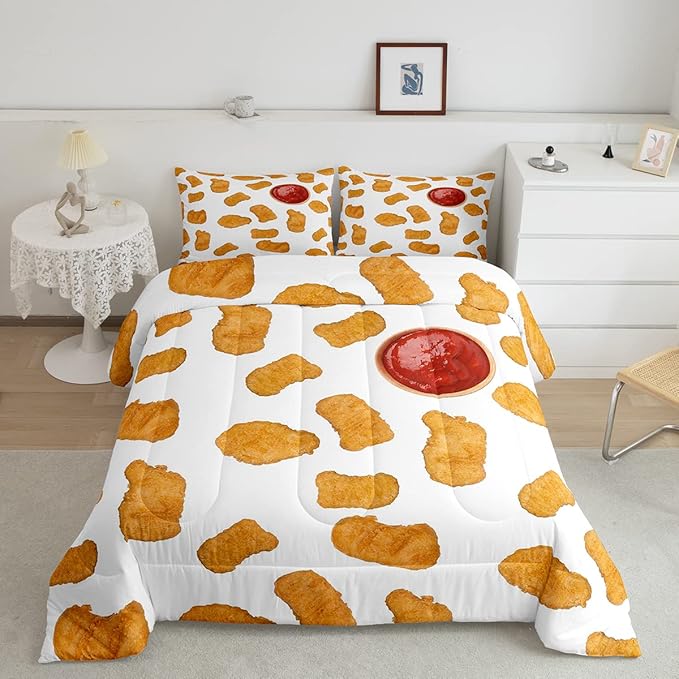 Erosebridal Chicken Nuggets Fried Comforter Set for Kids Boys Girls Teens Adult Food Bedding Set Queen Size Funny Food Down Comforter Men Women Duvet Set Bedroom Decor, Yellow