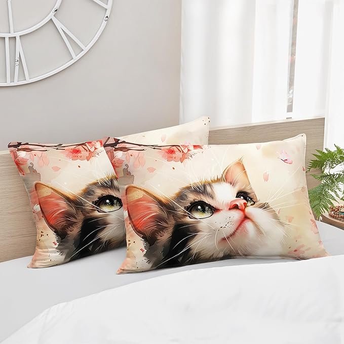 AILONEN Kawaii Cat Comforter Set Queen Size,Kids Girls Kitten Cat Bedding Printed Pink Flower Watercolor Lovely Animal Cat Comforter with 2 Pillowcases,3 Pieces