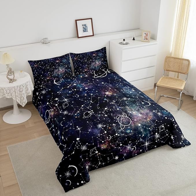 Erosebridal Starry Sky Comforter Set Full Size Constellation Bedding Set Galaxy Sun Moon Down Comforter Purple Universe Print Bedroom Decor Quilt Set for Kid Men Women