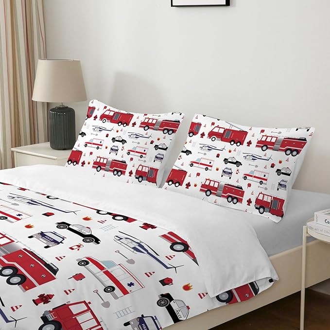 Yasida 3Pcs Queen Fire Truck Comforter Bedding for Kids, Police Car Firemen Car Vehicle Helicopter Fitted Sheets for Boys and Girls Bedding Set(1Comforter+ 2 Pillowcases)