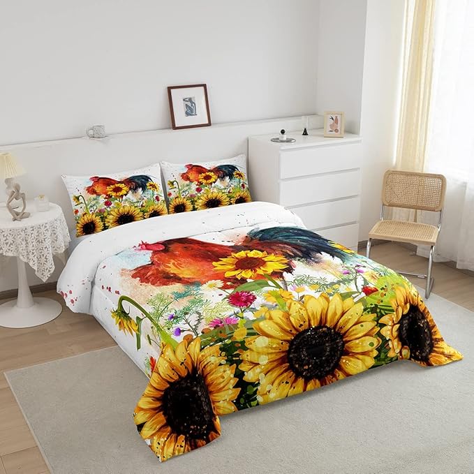 Erosebridal Sunflower Comforter Set King Size, Chicken Bedding Set, Yellow Floral Down Comforter, Watercolor Botanical Chick Animal Red Rooster Duvet Set, Tie Dye Quilted Duvet Bedroom Decor