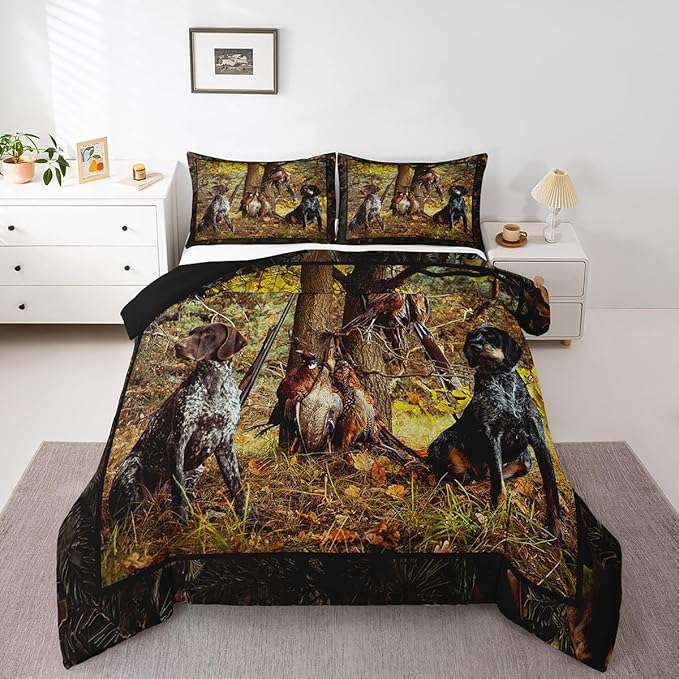 Erosebridal Pheasant Hunting Comforter Set Queen Size Black Dog Bedding Set Boho Farmhouse Wild Animals Down Comforter Woodland Leaves Hunter Gun Room Decor Quilt Set for Men Boys Adults Kid