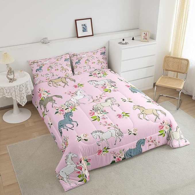 Erosebridal Horse Comforter Set Queen Rose Bedding Set for Girls Boys Kids Teens Western Cowboy Cowgirls Wild Animal Floral Down Comforter Cute Horses Flower Duvet Insert Lightweight, Pink