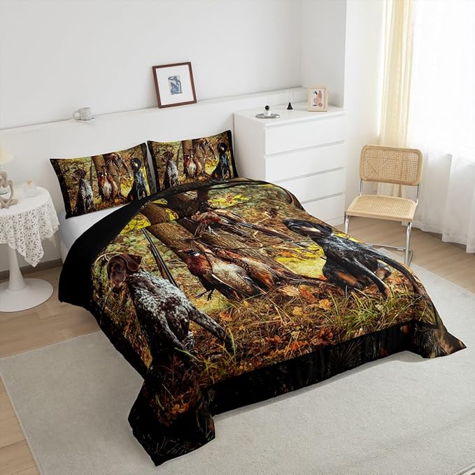 Erosebridal Pheasant Hunting Comforter Set Queen Size Black Dog Bedding Set Boho Farmhouse Wild Animals Down Comforter Woodland Leaves Hunter Gun Room Decor Quilt Set for Men Boys Adults Kid