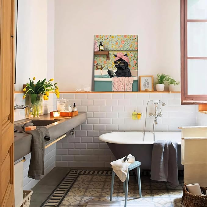 Yaneiro Funny Black Cat Bathroom Canvas Bathroom Wall Art Framed Cute Cat Prints Pictures Posters Wall Decor for Living Room Bedroom Toilet Kids Room Wall Paintings 12x16 in
