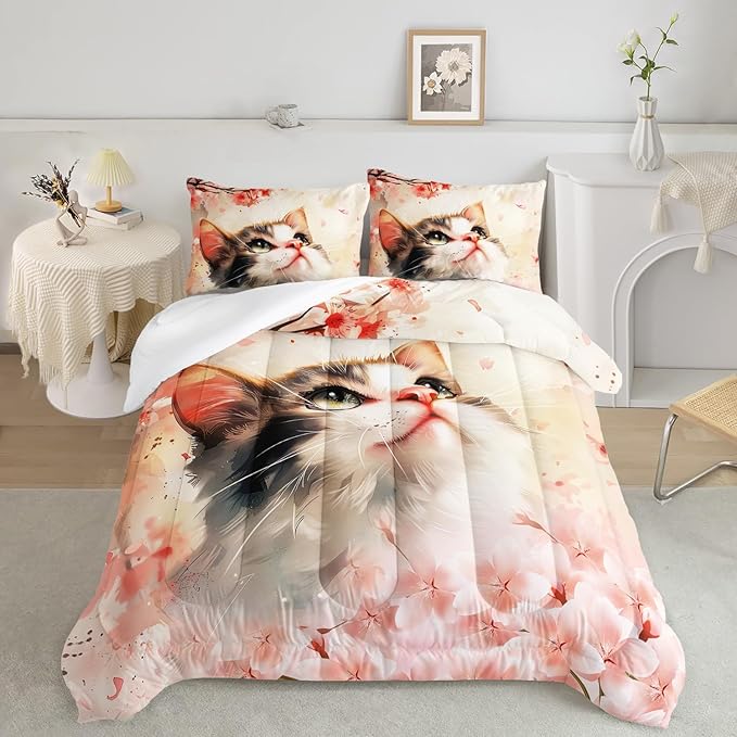 AILONEN Kawaii Cat Comforter Set Queen Size,Kids Girls Kitten Cat Bedding Printed Pink Flower Watercolor Lovely Animal Cat Comforter with 2 Pillowcases,3 Pieces