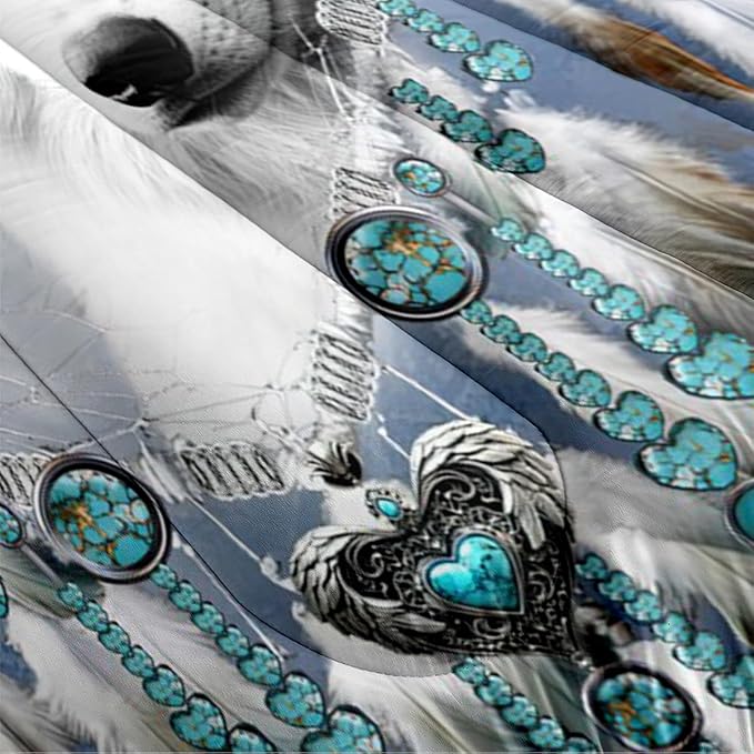 Dream Catcher Wolf Comforter Set Queen White Wolves Comforter Navy Blue Boho Bedding Set Wildlife Animal Bed Set for Adult Women Teen Kids Dreamcatcher Comforter with 2 Pillowcases