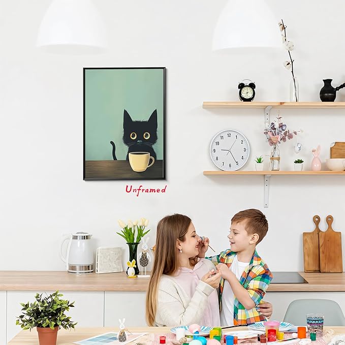 Yaneiro Fun Black Cat Wall Art Abstract Drinking Coffee Picture Cute Retro Black Cat Wall Decor Canvas Poster Print Suitable for Cafe Bar Living Room Restaurant Bedroom 12x16in Unframed