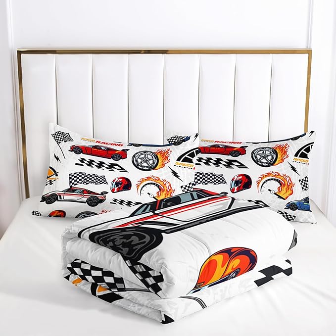 AILONEN Kids Racing Car Comforter Set Queen Size,Vehicles Construction Truck Bedding Set for Boys Teen,3 Piece Soft Duvet with 2 Pillowcases
