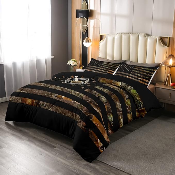 American Flag Camo Bedding Set Rustic Tree Leaves Camouflage Comforter Set King,Military Hunting Down Comforter for Boys Teens Kids Man Bedroom Nature Conifer Oak Branches Bedding Quilt Set 3 Pcs