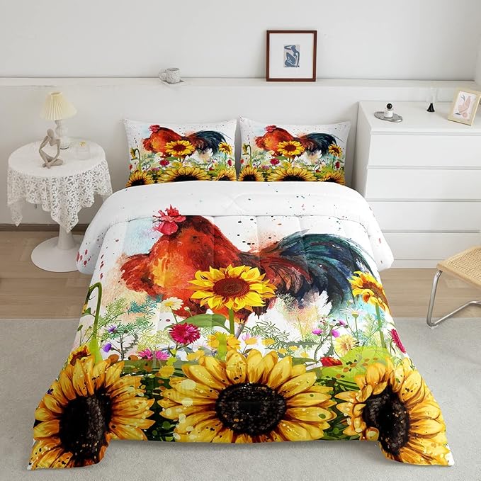 Erosebridal Sunflower Comforter Set Full Size, Chicken Bedding Set, Yellow Floral Down Comforter, Watercolor Botanical Chick Animal Red Rooster Duvet Set, Tie Dye Quilted Duvet Bedroom Decor