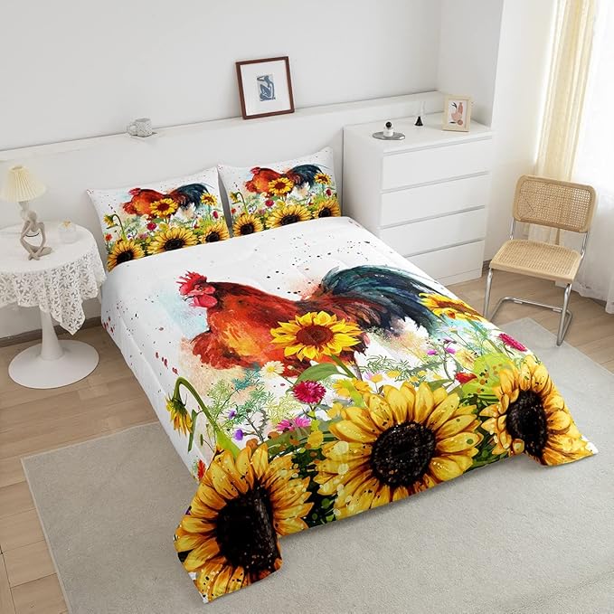 Erosebridal Sunflower Comforter Set Full Size, Chicken Bedding Set, Yellow Floral Down Comforter, Watercolor Botanical Chick Animal Red Rooster Duvet Set, Tie Dye Quilted Duvet Bedroom Decor