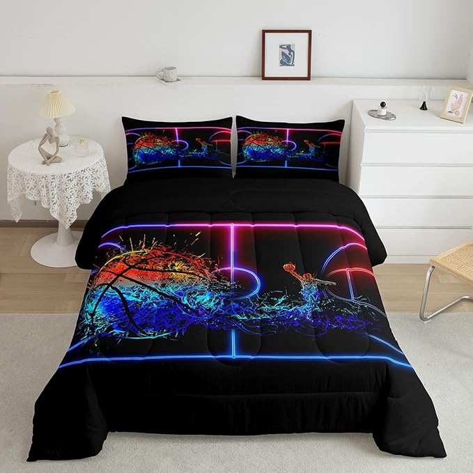 Erosebridal Basketball Comforter Set King 3D Sports Bedding Sets for Boys Teens Kids Men Tie Dye Fire and Ice Comforter Player Sport Game Warm Soft Lightweight Red Blue Quilt Set, Black