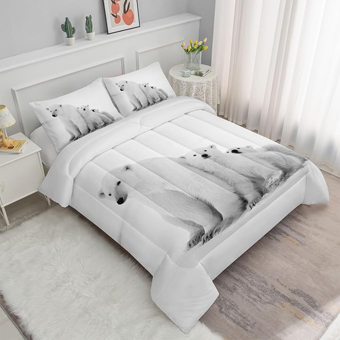 Bedding Comforter Set Polar Bear White Bear Printed Pattern Quilt Bedding Set with 1 Comforter and 2 Pillowcases for Girls and Boys Bedroom All Season(Polar Bear Queen)
