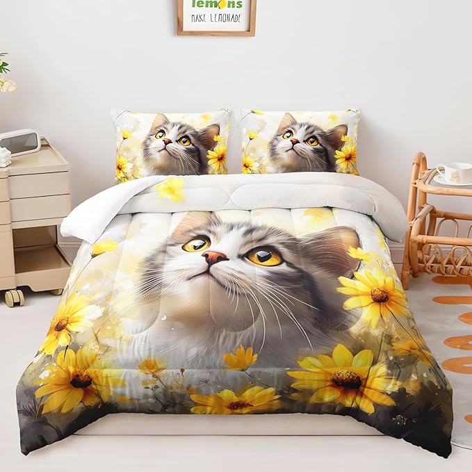 AILONEN Cat Comforter Set Twin Size for Kids,Yellow Flower Kitten Comforter Set,Boys Girls Cat Bedding Set,Soft Lightweight,1 Comforter with 2 Pillowcases,3 Pieces