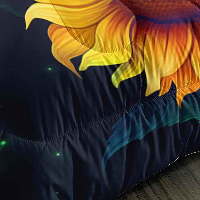 Yellow Sunflower Bedding Blue Butterfly Comforter 3Pcs Full Black Floral Botanical Pattern Quilt Set for Kid Teen Girl Boy Romantic Starlight Bed Decor Set with 1 Comforter and 2 Pillowcases