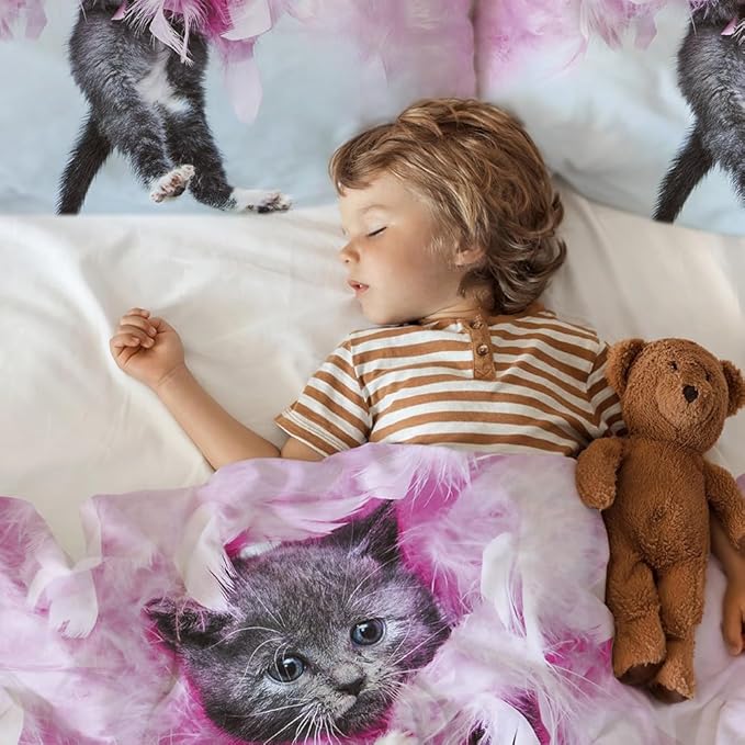 Yasida Twin Cat Bedding Set - Pink Feathers Black Cat 3Pcs (1 Comforter + 2 Pillowcases) Kids Animal Pets Comforter Set