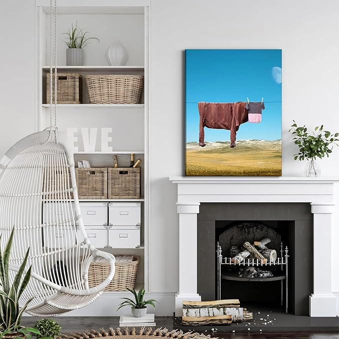 Yaneiro Framed Abstract Highland Cow Canvas Wall Art 12x16 in Highland Cow Bathroom Wall Posters Prints Pictures Decor Vintage Nature Landscape Living Room Wall Decor Kitchen Bedroom Modern Home Decor
