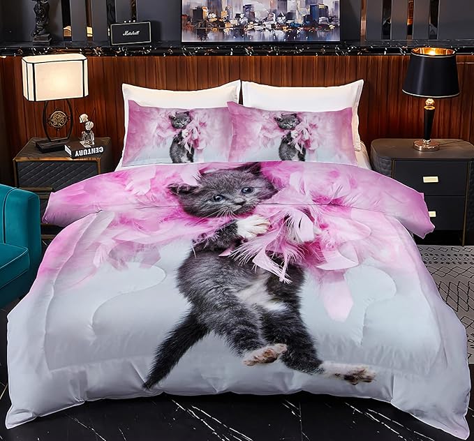 Yasida Twin Cat Bedding Set - Pink Feathers Black Cat 3Pcs (1 Comforter + 2 Pillowcases) Kids Animal Pets Comforter Set