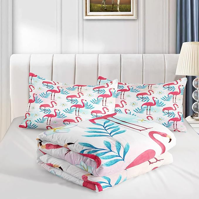AILONEN Flamingo Comforter Set for Girls Kids, Tropical Flamingo Pattern Bedding Set Full Size,Superior Quilt Ultra Soft,3 Piece 1 Comforter and 2 Pillowcases,Microfiber Fabric