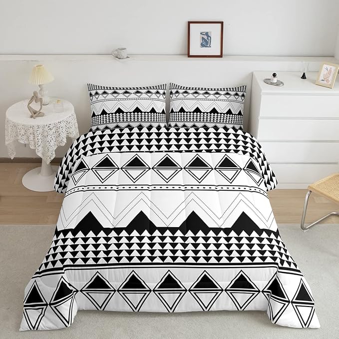 Boho Aztec Comforter Set Queen Size Black And White Bedding Set Morden Geometric Triangle Lattice Down Comforter Minimalism Room Decor Warm Soft 3 Pieces Quilted Duvet For Kids Boys Girls Teens