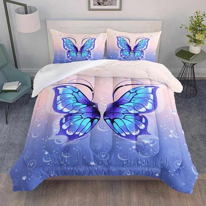 Bedding Comforter Set Pink Purple Butterfly Printed Pattern Quilt with 1 and 2 Pillowcases for Girls Bedroom All Season(Butterfly Full) Full 80x90inches
