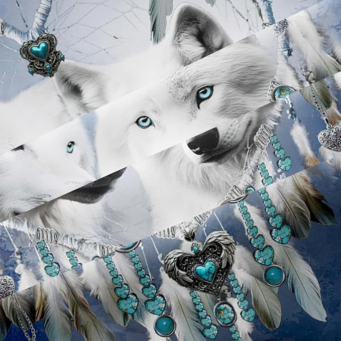Dream Catcher Wolf Comforter Set Queen White Wolves Comforter Navy Blue Boho Bedding Set Wildlife Animal Bed Set for Adult Women Teen Kids Dreamcatcher Comforter with 2 Pillowcases