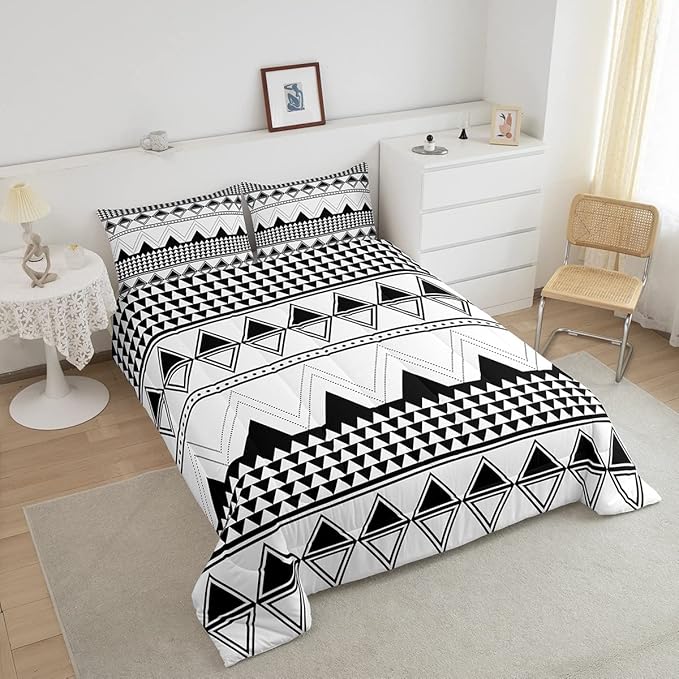 Boho Aztec Comforter Set Queen Size Black And White Bedding Set Morden Geometric Triangle Lattice Down Comforter Minimalism Room Decor Warm Soft 3 Pieces Quilted Duvet For Kids Boys Girls Teens