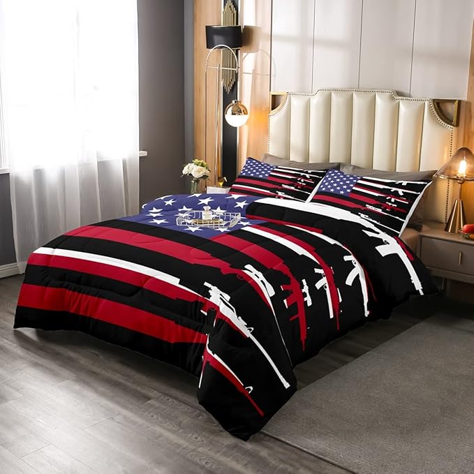 American Flag Comforter Set Queen,Army Guns Military Bedding Set for Kids Boys Teens Man,Red Blue Stars Stripe USA Flag Bedding Comforter Soldier Rifle Quilt Duvet Set 2 Pillow Cases Bedroom Decor