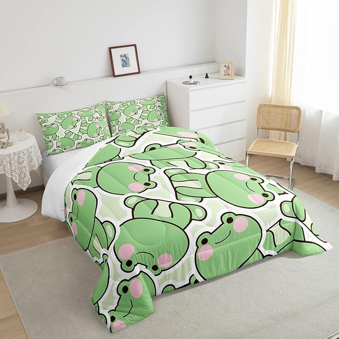 Frogs Comforter Set Full Size, Cartoon Frog Bedding Set For Kids Boys Girls Teens, Kawaii Green Wild Animals Farmhouse Down Comforter, Cute Wildlife Rustic Funny Duvet Set 2 Pillow Cases Room Decor