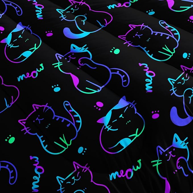 3D Neon Cat Kids Comforter Set,Gradient Line Cat Toddler Comforters Twin Size for Teens Kids Boys Girls Room Decoration,Black Kawaii Bedding Sets with 2 Pillowcases.
