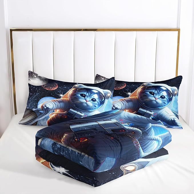 AILONEN Kids Cat Comforter Set - Full 3D Cute Kawaii Cat Bedding Set for Girls & Boys, Galaxy Planet Duvet with 2 Pillowcases
