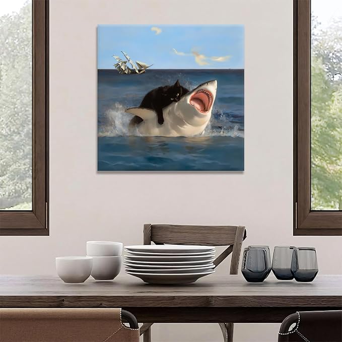 Yaneiro Framed Black Cat Wall Art, Funny Quirky Cat and Shark Pictures Canvas Print, Abstract Black Cat Shark Posters Wall Decor for Room Bedroom Living Room Bathroom 20x20 inch