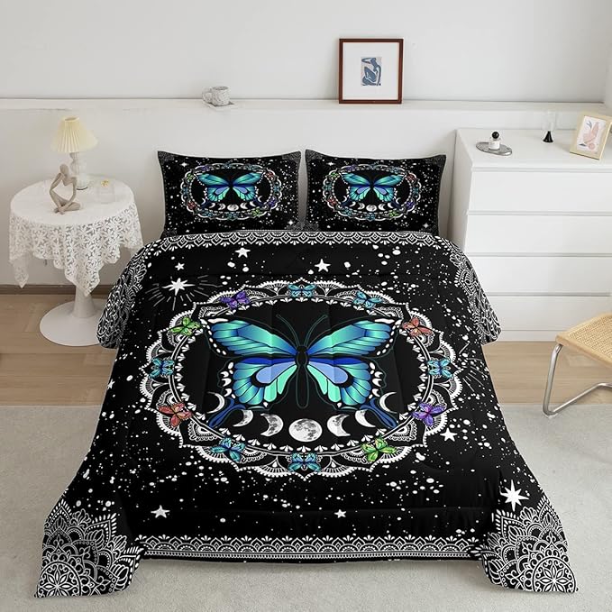 Erosebridal Butterfly Bedding Set Queen Size Galaxy Duvet Set Starry Sky Comforter Sets Boho Colorful Wild Animals Down Comforter for Moth Trippy Moon All Season Mandala Black White Duvet Set