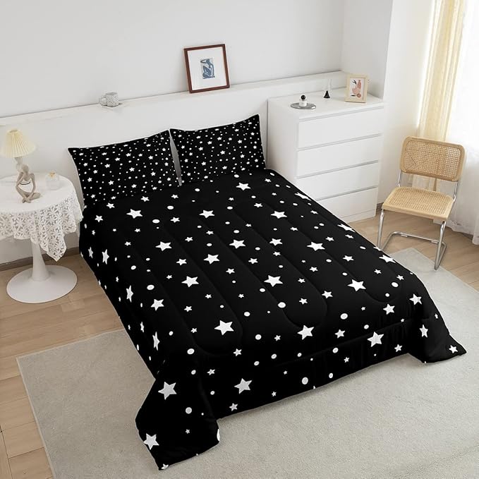 Starry Sky Comforter Set Full Size Galaxy Star Bedding Set for Kids Boys Girls, Outer Space Down Comforter, Black and White Geometric Polka Dots Quilt Set Warm Soft Bedroom Decor 2 Pillow Cases
