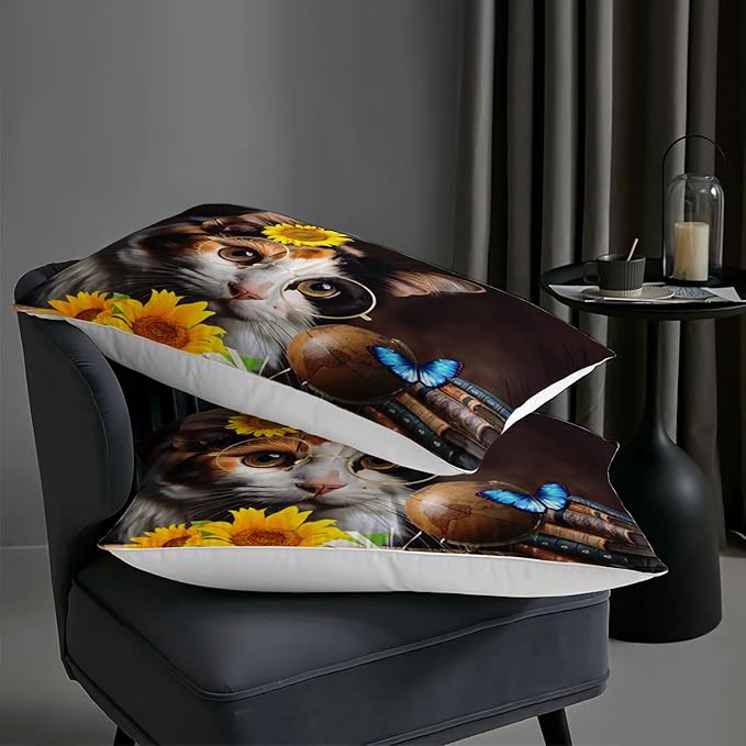 AILONEN Glasses Cat Print Bedding Set Twin Size with Sunflowers Vintage Items Books Comforter Set for Boys Girls,Retro Wooden Style Soft Breathable Duvet Set 3 Pieces, 1 Quilt and 2 Pillowcases