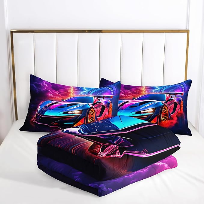 AILONEN Kids Race Car Bedding Set Queen Size,Red and Blue Speed Extreme Sport Racing Car Comforter Set for Boys Teen,3 Piece Soft Racer Duvet with 2 Pillowcases