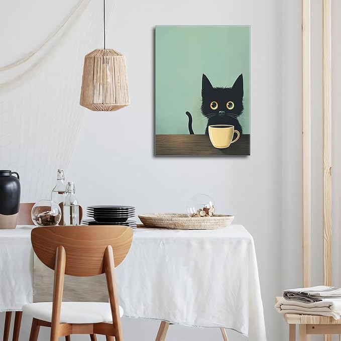 Yaneiro Framed Fun Black Cat Wall Art Abstract Drinking Coffee Picture Cute Retro Black Cat Wall Decor Canvas Poster Print Suitable for Cafe Bar Living Room Restaurant Bedroom 12x16in