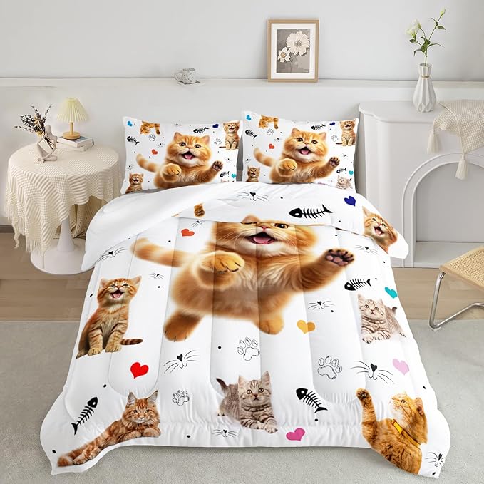 AILONEN Kids Kitten Cat Comforter Set Queen Size,Kawaii Cat Bedding for Girls,Cute Pet Animal Cat Duvet Set 3 Piece,1 Comforter with 2 Pillowcases,Cartoon