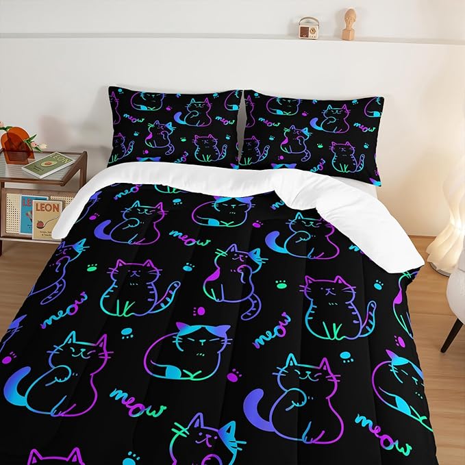 3D Neon Cat Kids Comforter Set,Gradient Line Cat Toddler Comforters King Size for Teens Kids Boys Girls Room Decoration,Black Kawaii Bedding Sets with 2 Pillowcases.
