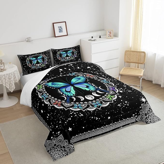 Erosebridal Butterfly Bedding Set Queen Size Galaxy Duvet Set Starry Sky Comforter Sets Boho Colorful Wild Animals Down Comforter for Moth Trippy Moon All Season Mandala Black White Duvet Set